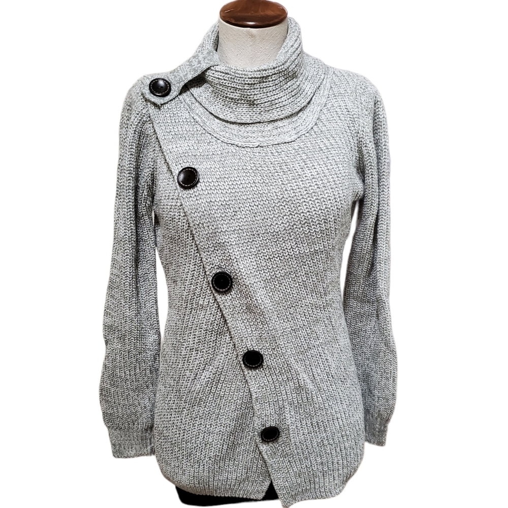 Boutique J & H Asymmetrical Button Up Turtleneck Sweater Gray & White Heather S